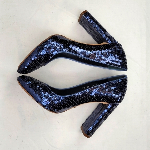 Dior Sequence Embellished Blue Almond Toe Block Heels Pumps Size 37.5 - Picture 6 of 11